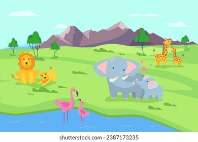 Animals cartoon vector illustration. Lions, elephants, giraffes and flamingos. Nature, wildlife concept