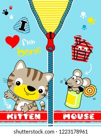 Animals cartoon vector, kitten and mouse in kids apparel pattern