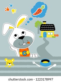 Animals cartoon vector, rabbit thinking about carrot on little home background, little mouse with tableware 