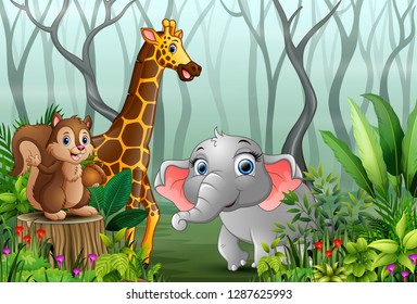 Animals cartoon with a view of the forest in the fog