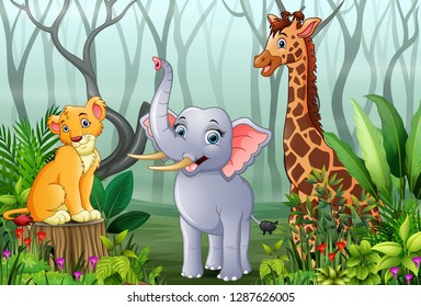 Animals cartoon with a view of the forest in the fog