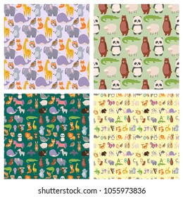 Animals cartoon wildlife nature seamless pattern background jungle texture bird colorful retro wallpaper vector