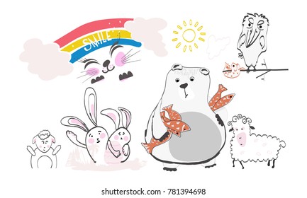 Animals from cartoons. Bear, crow, rabbits, sheep. Rainbow, sun, clouds.