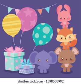 animals cartoons design, Happy birthday card celebration decoration surprise party anniversay and invitation theme Vector illustration