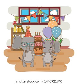 Animals cartoons with happy birthday cake design