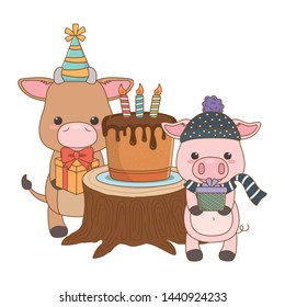 Animals cartoons with happy birthday cake design