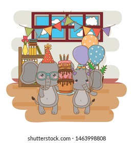 Animals cartoons with happy birthday cake design