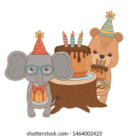 Animals cartoons with happy birthday cake design
