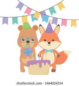 Animals cartoons with happy birthday icon design