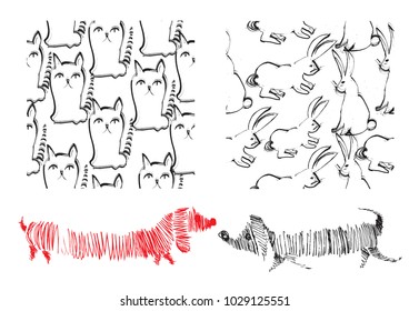animals cat and dog 4 calligraphy vector pattern