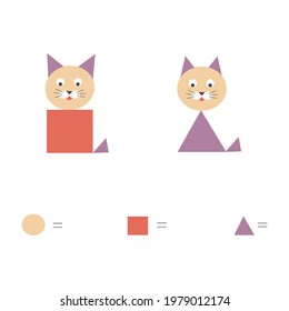 Animals cat and dog are drawn using geometric shapes. Triangle square circle. Template for your design. Vector illustration
