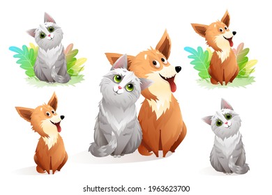 Animals cat and dog friends together, funny pets clipart collection. Vector illustration.