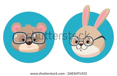 Animals, cat, rabbit, bear, dog in eyeglasses heads isolated set. Vector design graphic illustration