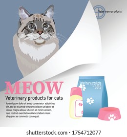 
Animales. Un gato arrancó un cartel de papel. Publicidad de medicamentos veterinarios, productos. Cartel, cartel.

