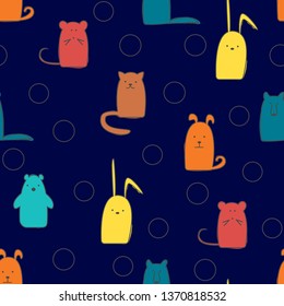 Animals cat, wolf, dog, hare, mouse, and bear vector image in flat style on dark background. Seamless pattern  