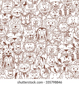 Animals. Cats and Dogs Vector Seamless pattern. Hand Drawn Doodles Pets. Cute Cats and Dogs Black and White background.