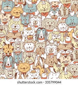 Animals. Cats and Dogs Vector Seamless pattern. Hand Drawn Doodles Pets. Cute Cats and Dogs colored background.