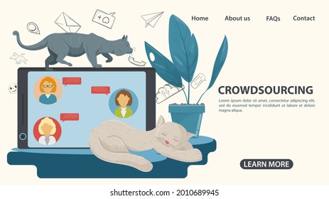 Animales gatos al lado del teléfono en el que hay comunicación en internet, el concepto de crowdsourcing, ilustración en un estilo plano, para el diseño de páginas web y sitios