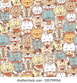 Animals. Cats Vector Seamless pattern. Hand Drawn Doodles Cats. Cute Cats colored background.