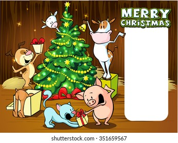 animals celebrate Christmas - vector illustration xmas card