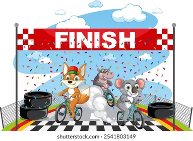Animals celebrate crossing the finish line together