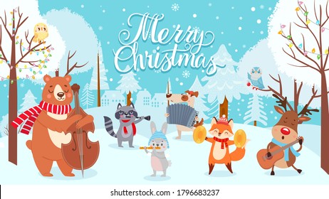 Animals celebrating christmas. Xmas cute card with happy animals musicians, winter forest with holiday decoration vector background. Bear and raccoon, fox and dog, hare, deer play musical instruments