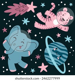 Animals in spaсe.Kids character, animal print for children,elephant and tiger.Flat vector illustration in cartoon style