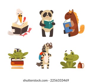 Animals Character with Backpack and Book Engaged in School Education Vector Set