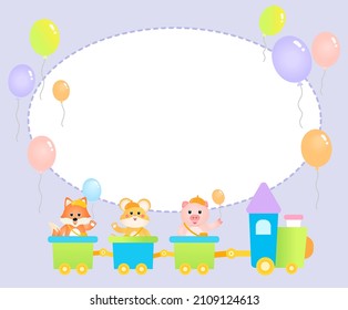 Animals character colorful balloons and trains illustration set. Notepad, memo, sticker, name, paper. Vector drawing. Hand drawn style.