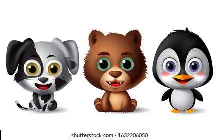 Animals character vector set. Dog, bear and penguin animal characters in sitting and standing pose with smiling facial expression isolated in white background. Vector illustration. 
