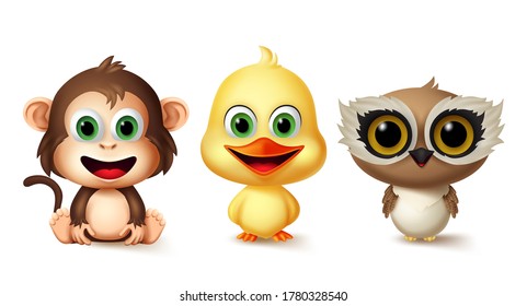 Animals character vector set. Monkey, duck and owl kids animal characters in cute smiling facial expression for pet collection design elements isolated in white background. Vector illustration 