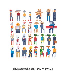 Animals characters in clothes pixel art 80s style, furry art, anthropomorphic design, isolated vector illustration. Cartoon icon for mobile app and sticker. 8-bit. Boy and girl fashion animals.