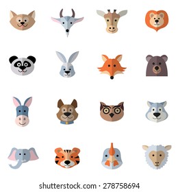 Animals characters flat set with donkey fox rabbit heads isolated vector illustration