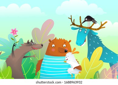 Animals characters friendship portrait in the nature with trees. Moose, bear, wolf and rabbit fun cartoon for kids. Watercolor style hand drawn vector graphics. 