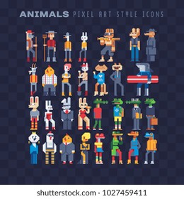 Animals characters furry art isolated vector illustration. Cartoon icon for mobile app and sticker. Anthropomorphic design. 8-bit. Pixel art 80s style. Boy and girl fashion animals. Game assets.