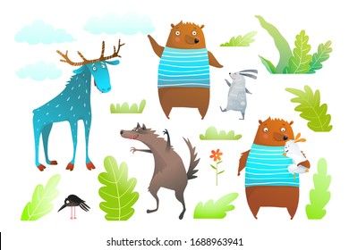 Animals characters for kids design. Moose, Bear, Wolf, rabbit funny cartoon clip art vector. Characters for kids design in watercolor style.