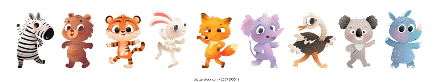 Animals characters playful collection for children. Bear fox ostrich elephant koala tiger and many other cheerful animals cartoons. Vector character illustration for kids, cartoon clip art collection