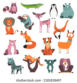 Animals characters from wilderness, zoo or biodiversity park. Isolated personages tiger and lion, penguin and koala, rhino and deer, fox and bear, llama and monkey or chimpanzee. Vector in flat style