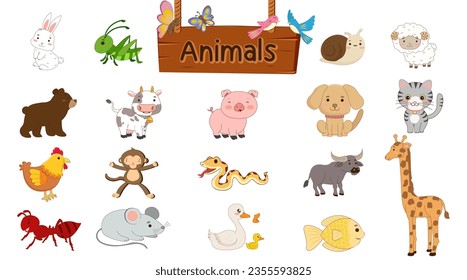 animals chicken pig monkey sheep duck snail buffalo snake ant grasshopper dog cat mouse cow butterfly bear giraffe rabbit bird fish