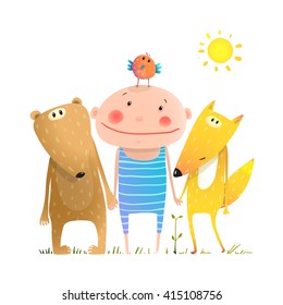 Animals and child friends fox bear bird kid childish funny in nature cartoon. Kids smiling cute friendship brightly colored cartoon, vector illustration.