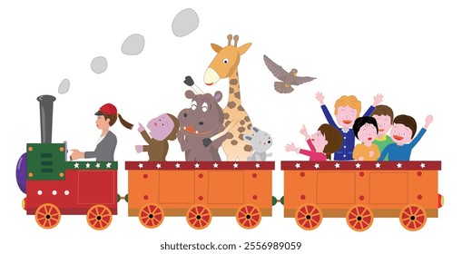 Animals and children enjoying a steam locomotive ride.