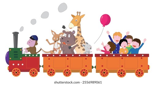 Animals and children enjoying a steam locomotive ride.