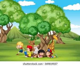Animals and children in the field illustration