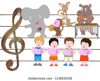 Animals and children are playing and singing musical instruments.