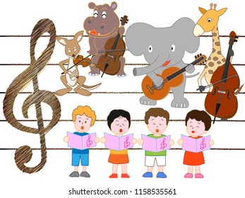 Animals and children are playing and singing musical instruments.