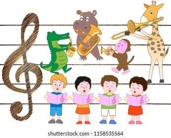 Animals and children are playing and singing musical instruments.