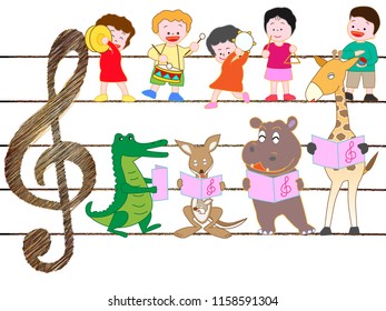 Animals and children are singing and playing musical instruments.