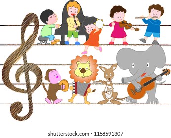 Animals and children are singing and playing musical instruments.