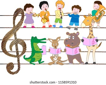 Animals and children are singing and playing musical instruments.