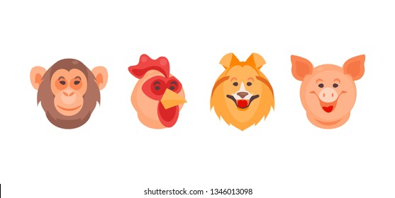 Animals of the Chinese zodiac. Monkey, rooster, dog and pig. Vector illustration